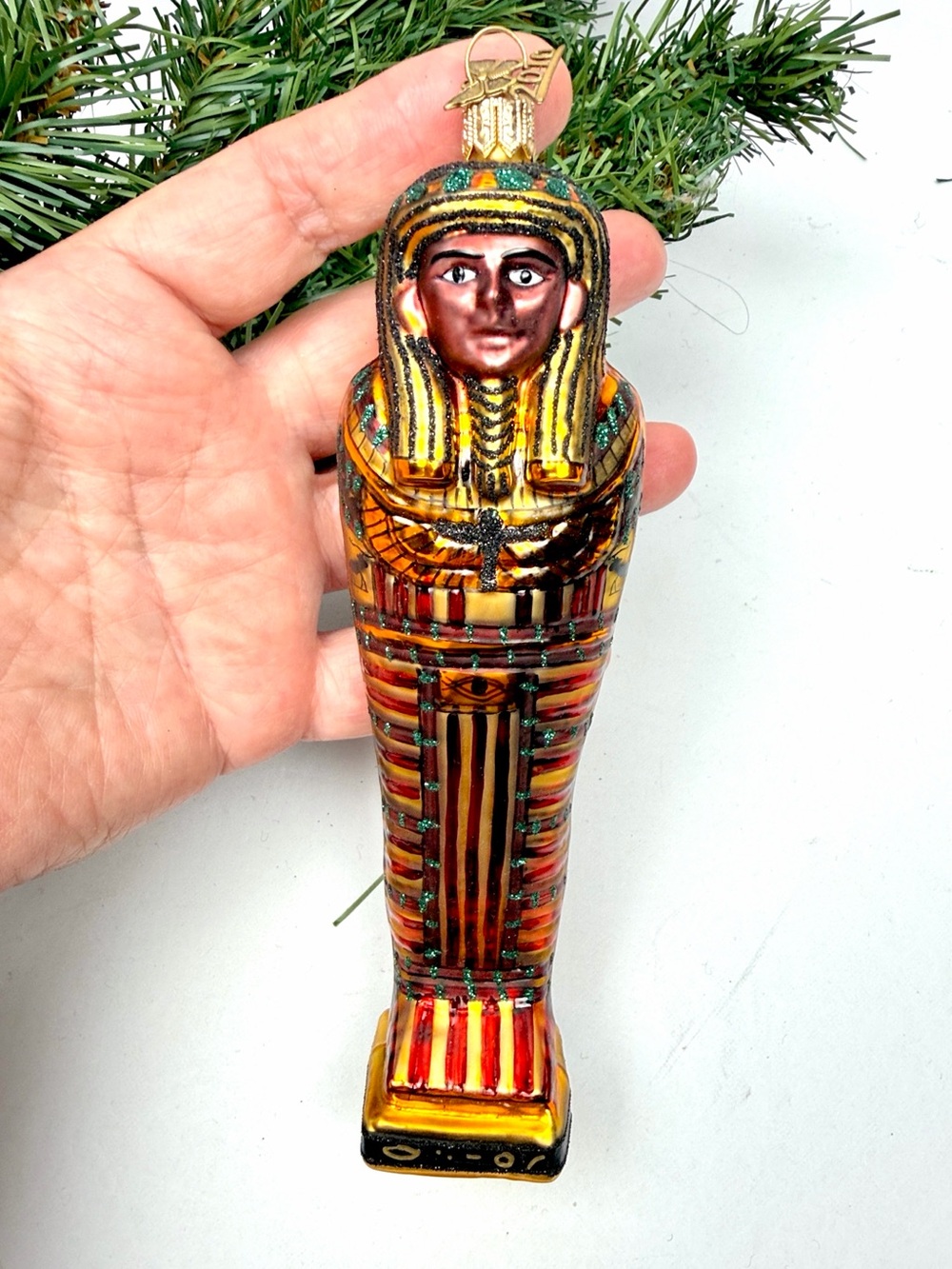 Neiman Marcus 2010 King Tut Egyptian Sarcophagus Glass Christmas Ornament